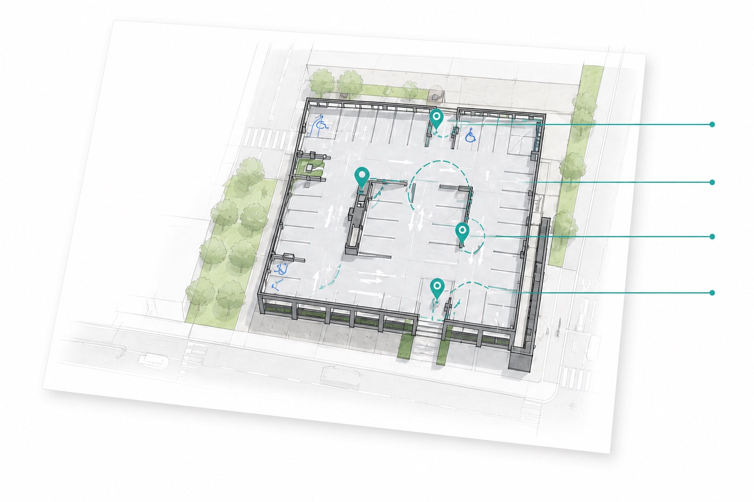 Illustrated parking property review plan with access and workflow annotations