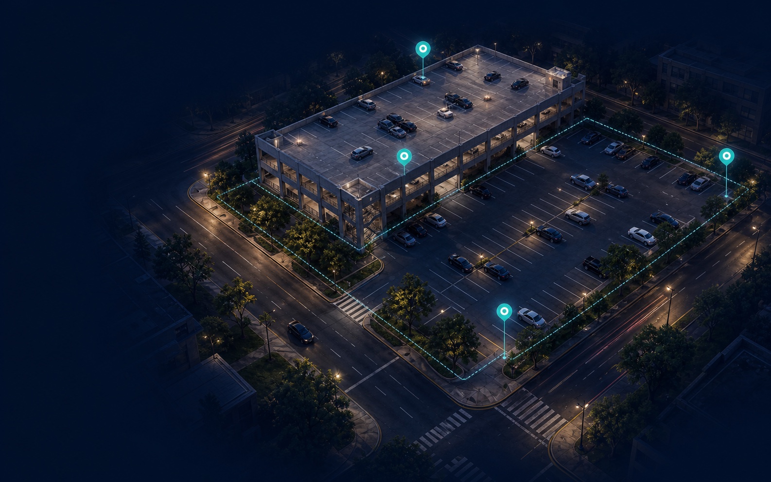 Aerial view of a parking garage and surface lot mapped for an operational assessment